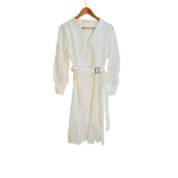 FRIEEAH White Embroidered Long Sleeve Belted Midi Dress Boho NWT - Picture 8 of 8